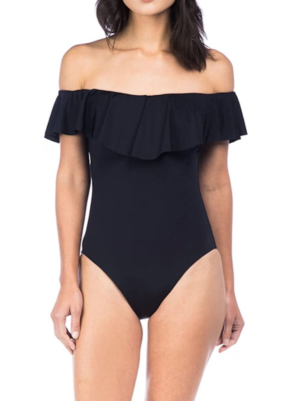 Trina Turk Black Off-Shoulder Ruffle One-Piece Swimsuit - Black (Size 12)